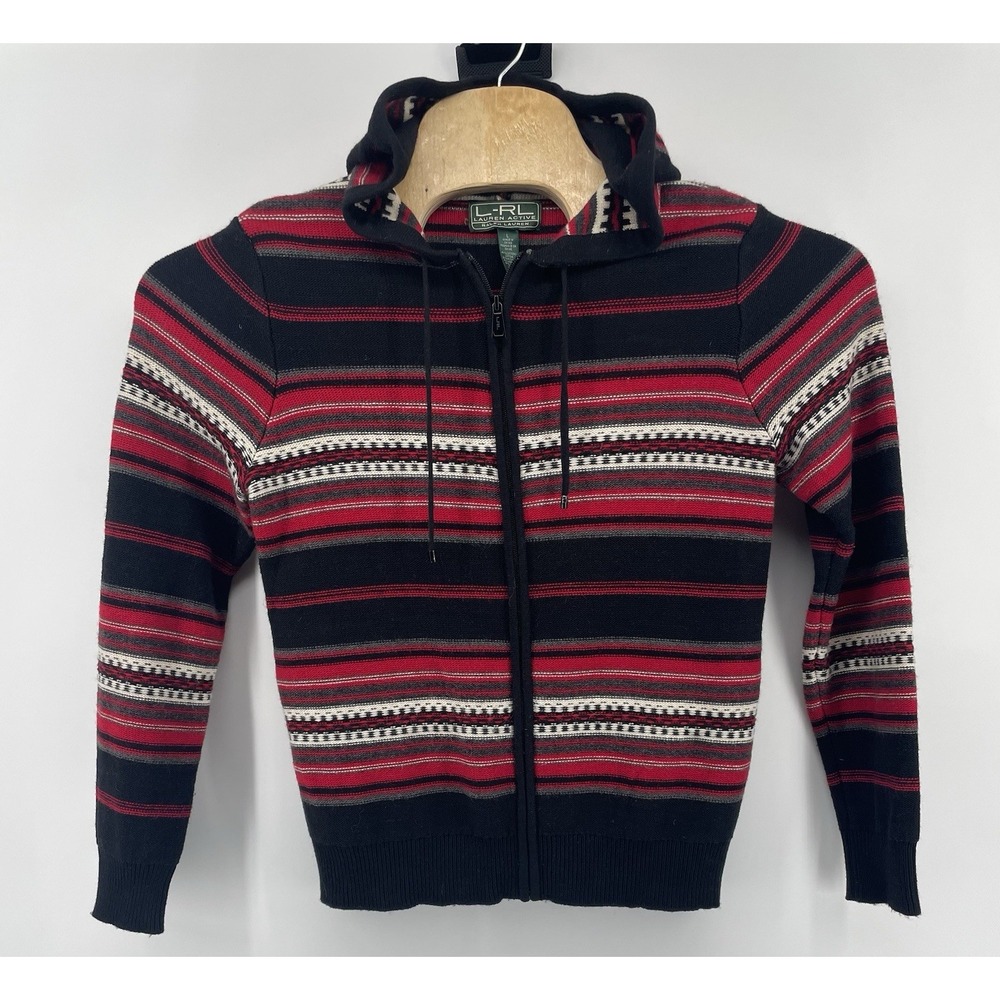 Lauren Ralph Lauren Active Sweater Womens L Red Black Striped Zip Hooded Wool